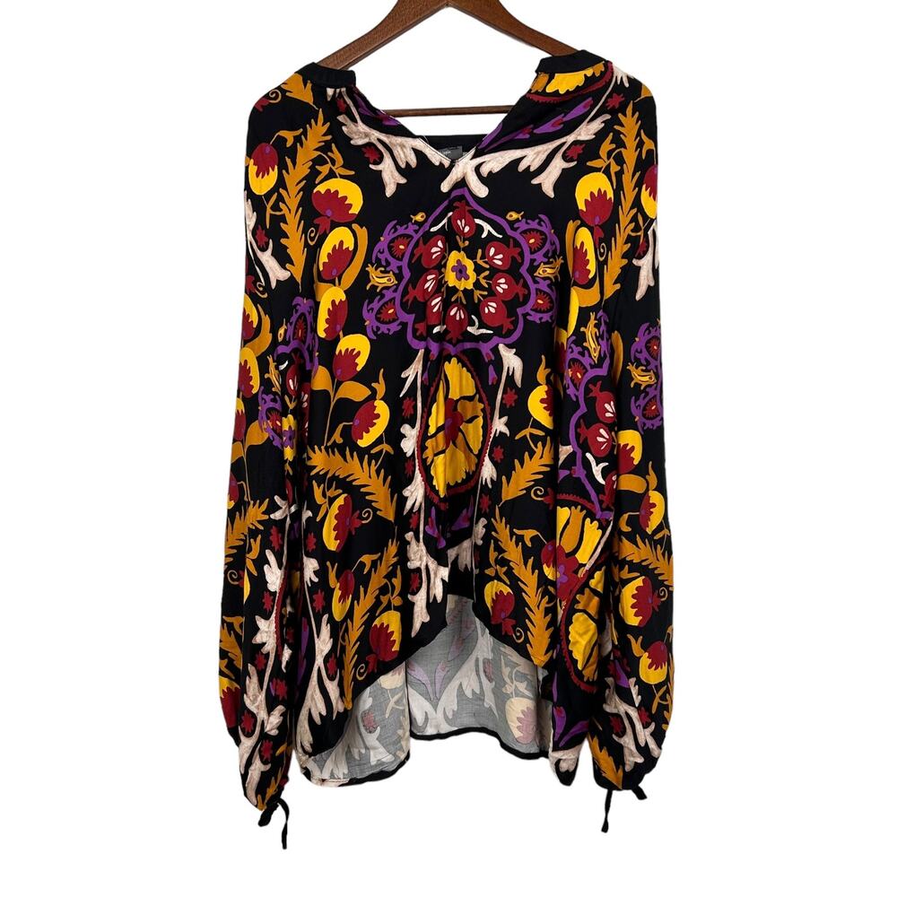 Haute Hippie Womens Top 2X Plus Black Geo Floral Print Long Sleeve Casual Blouse